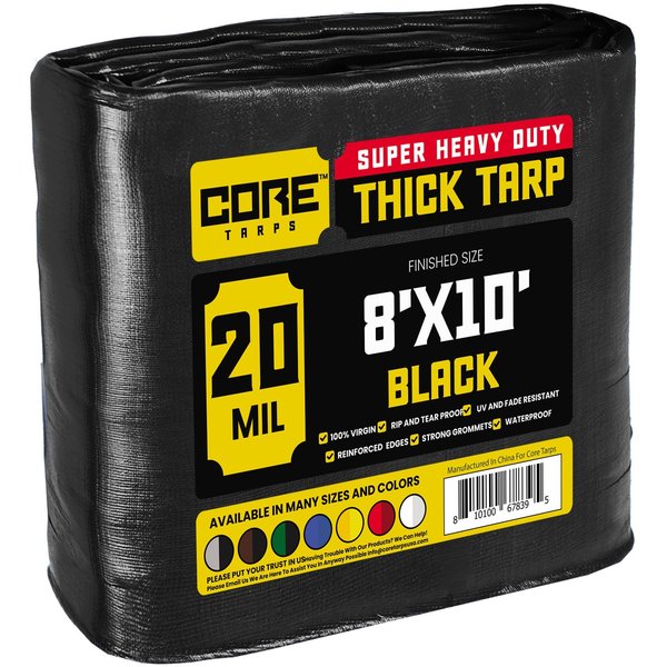 Core Tarps 8 ft x 10 ft Heavy Duty 20 Mil Tarp, Black, Polyethylene CT-706-8x10